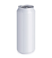 Blank white aluminum can with drink or liquid isolated on white background