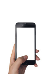 Hands holding smart phone with blank screen on white isolated background