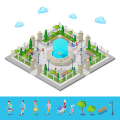Isometric Park. City Park. Active People Outdoors. Vector illustration