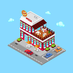 Fototapeta premium Isometric Pizzeria. Modern Restaurant with Parking Zone. People in Restaurant