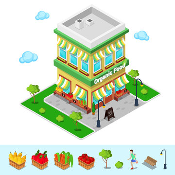 Organic Food Shop. Isometric Grocery. Healthy Eating. Vector illustration