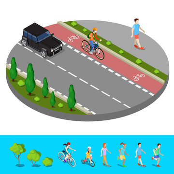 Isometric City. Bike Path With Bicyclist. Footpath With Walking Man