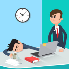 Lazy Businessman Sleeping at Work. Angry Boss Found Sleeping Worker