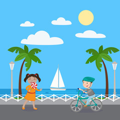 Girl with Lollipop. Boy on Bicycle. Kids on Vacation. Vector