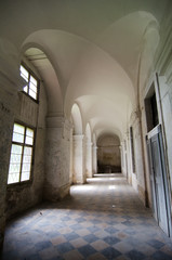 Old hall in abandoned building. Urbex in abandoned baroque hall.