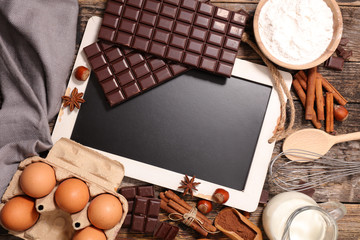 chocolate ingredient and blackboard