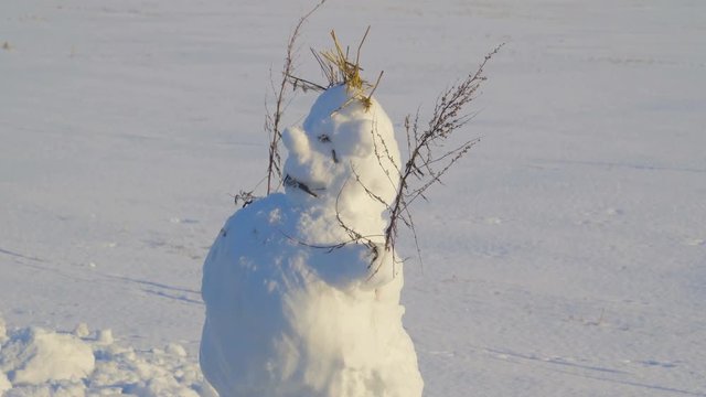 Twigs on the head of the snowman and other twigs on both hands he is standing on the white big field