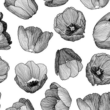 Vector graphic hand-drawn ink seamless pattern of tulip flowers in a linear style. Vintage texture. Drawn on paper and traced buds of tulips from different angles. For textile, fabric, invitation.