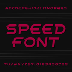 Speed alphabet vector font. Oblique letters and numbers on a dark background. Stock vector typeface for your design.