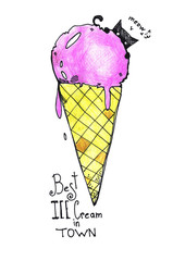 Beautiful ice cream with cute seals. Ice drawn with colored pencils.