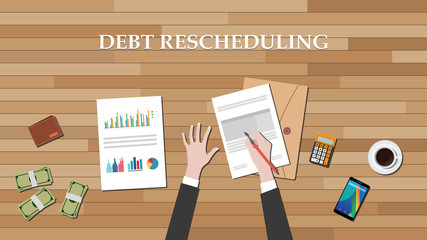 debt rescheduling on the desk with graph money calculator smartphone vector graphic illustration
