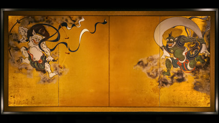 Naklejka premium Ancient paintings of Wind and Thunder God at Kenninji Temple in Kyoto, Japan