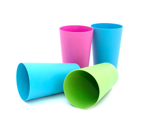 plastic cups on white background