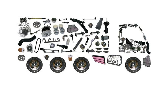 Goods are loaded on a truck. Images truck assembled from new spare parts.