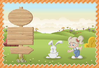 Naklejka premium Card with a wooden signs. Cartoon girl playing with a bunny on a green park.
