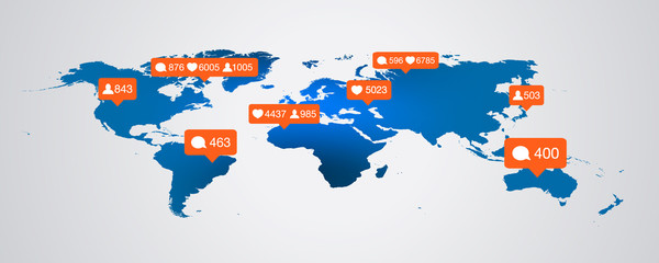 Like, follower, comment icons on map background. bubble vector illustration eps 10 counter notification template blog image.