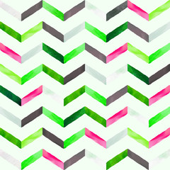 Seamless bright chevronvector pattern with summer green, pink, salad yellow, white, black and grey gouache blots on dark paper background.