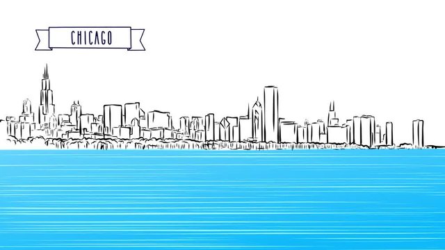 Chicago Panorama Outline Sketch Animation, Hand-drawn Illustration, animated Footage