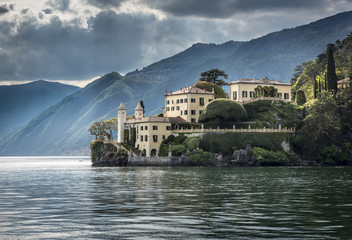 Lake Como Villa: The old Villa del Balbianello viewed from a ferry boat on Lake Como near Lecco,...