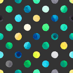 Seamless bright colorful polka dot vector pattern with mint green, blue, yellow, white, black and grey gouache circle blots. Painting textured paper background.