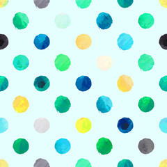 Seamless bright colorful polka dot vector pattern with mint green, blue, yellow, white, black and grey gouache circle blots. Painting textured paper background.