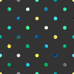 Seamless bright colorful polka dot vector pattern with mint green, blue, yellow, white, black and grey gouache circle blots. Painting textured paper background.