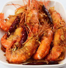 close up, King prawns in sweet tamarind sauce and deep fried gar