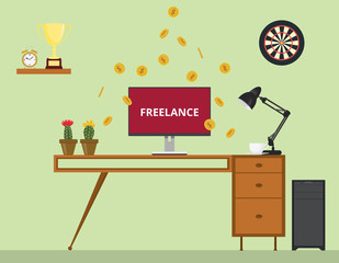 freelance job with monitor text gold coin money trophy and work desk vector graphic illustration