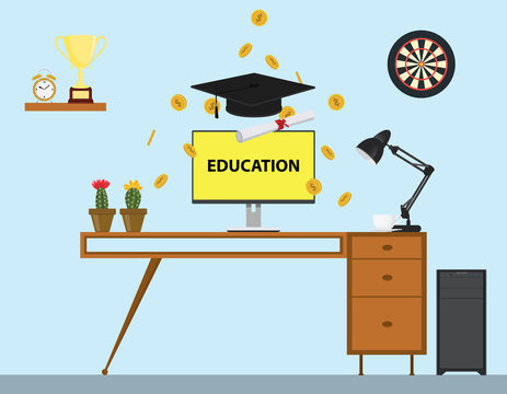 education with cap and paper trophy gold coind and work desk vector graphic illustration