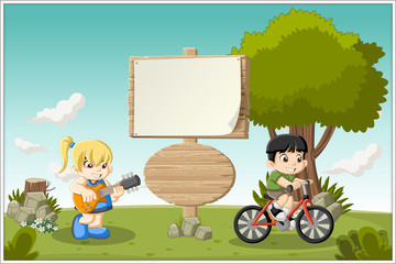 Wooden sign on colorful park with cartoon children playing.
