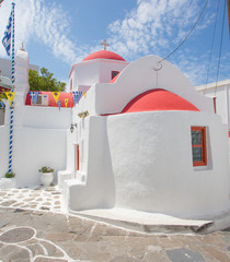 Traditional red roof building on Mykonos, Greece.