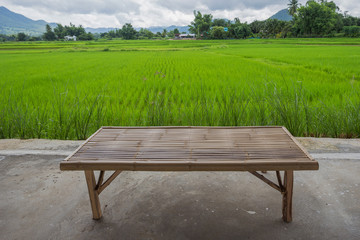 Bamboo bench overlooking fields and beautiful hills.