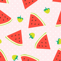Watermelon and strawberries seamless pattern with polka dots 
