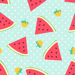 Watermelon and strawberries seamless pattern with polka dots 
