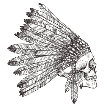 Hand Drawn Native American Indian Headdress With Human Skull In Profile. Vector Monochrome Illustration Of Indian Tribal Chief Feather Hat And Skull Side View