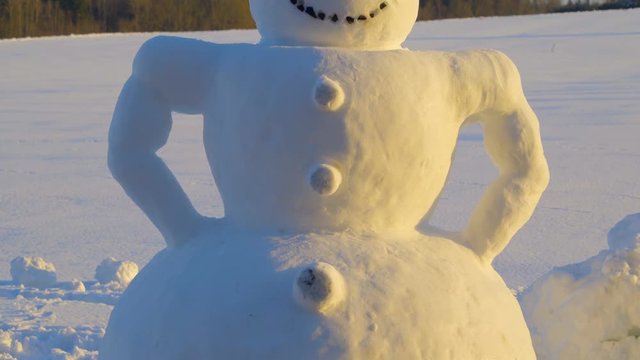 The big body snowman with a hat his arms looks like it has muscles and with buttons on his eyes and mouth