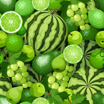 Vector Seamless Background With Various Green Fruits And Berries.