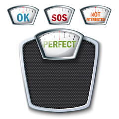 Bathroom scales with displays with different messages of self acceptance. Realistic object with analog display