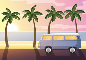 Camper car on the beach in sunset with palm trees. Summer feeling, freedom of travel.