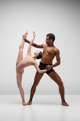 Naklejka premium Couple of ballet dancers posing over gray background