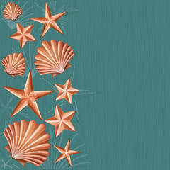Side decoration with shell and starfish, on wave background pattern