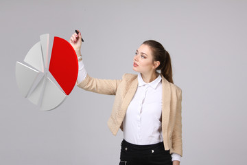 Woman shows a pie chart, circle diagram. Business analytics concept.