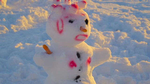 The spiky hair of the pink snowman. She has long carrot nose coal eyes and pink round mouth