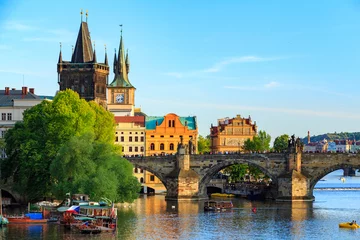 Tuinposter Pargue, view of the Lesser Bridge Tower and Charles Bridge (Karluv Most), Czech Republic. © daliu
