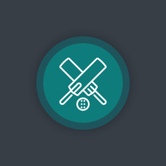 Cricket line icon, crossed cricket bats and ball round linear sign, vector illustration