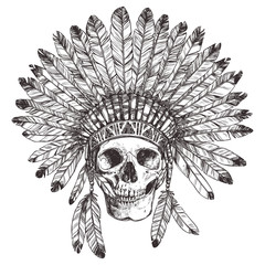 Obraz premium Hand Drawn Native American Indian Headdress With Human Skull. Vector Monochrome Illustration Of Indian Tribal Chief Feather Hat And Skull
