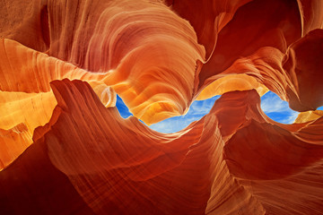 glimpse of blue sky over the antelope slot canyon - obrazy, fototapety, plakaty