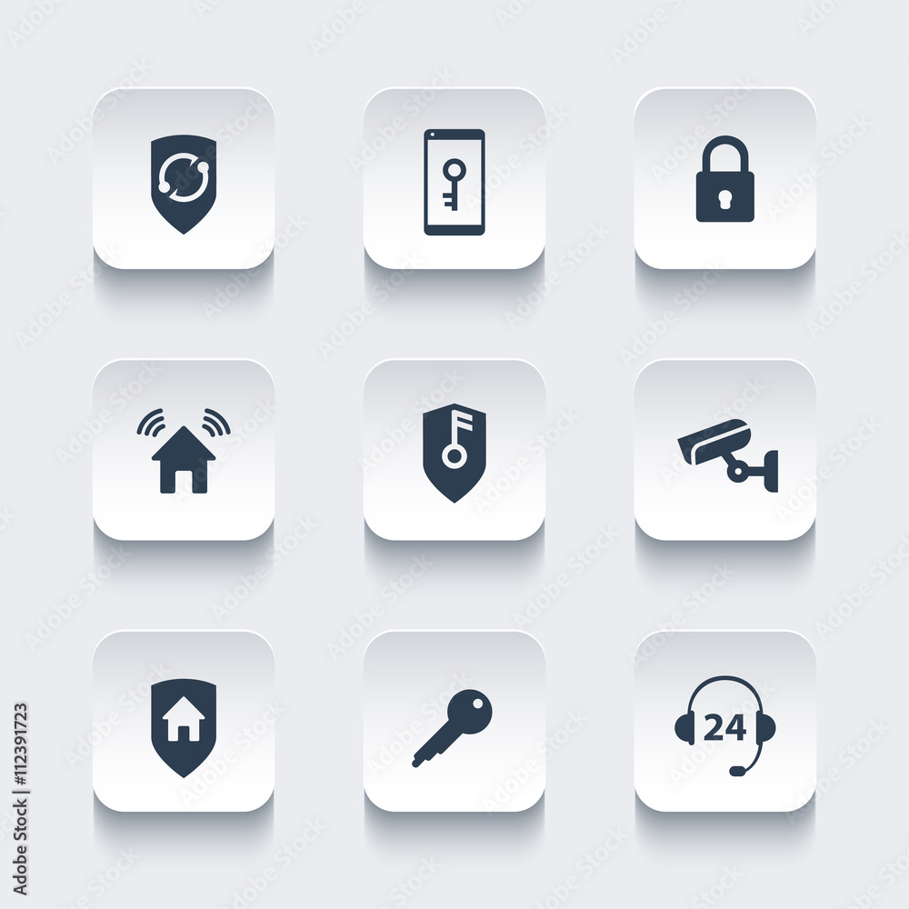 Sticker Home security icons set, cctv, house security mobile app, secure house, security control, vector illustration