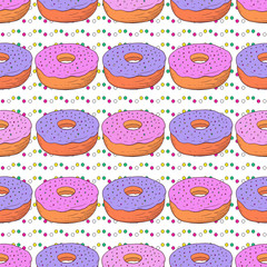 Vector donuts seamless pattern. Doodle birthday background with pink sweet donuts