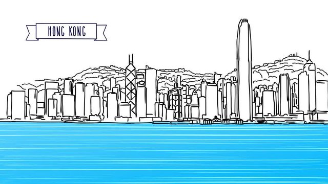 Hong Kong Skyline Banner Animation with Headline, Hand Drawn Animated Sketch.